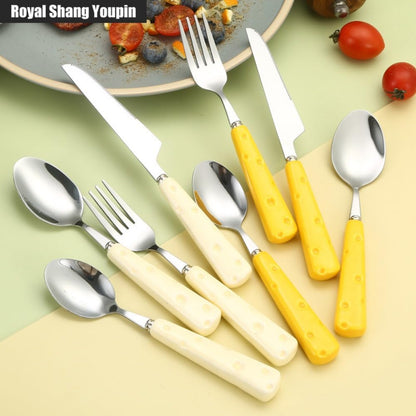Light Luxury Cute Ceramic Cheese Handle Kitchen Stainless Steel Silverware Tableware Flatware Cutlery Set Steak Knife Fork Spoon Teaspoon (Yellow,4 pieces)
