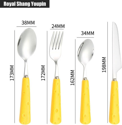 Light Luxury Cute Ceramic Cheese Handle Kitchen Stainless Steel Silverware Tableware Flatware Cutlery Set Steak Knife Fork Spoon Teaspoon (Yellow,4 pieces)