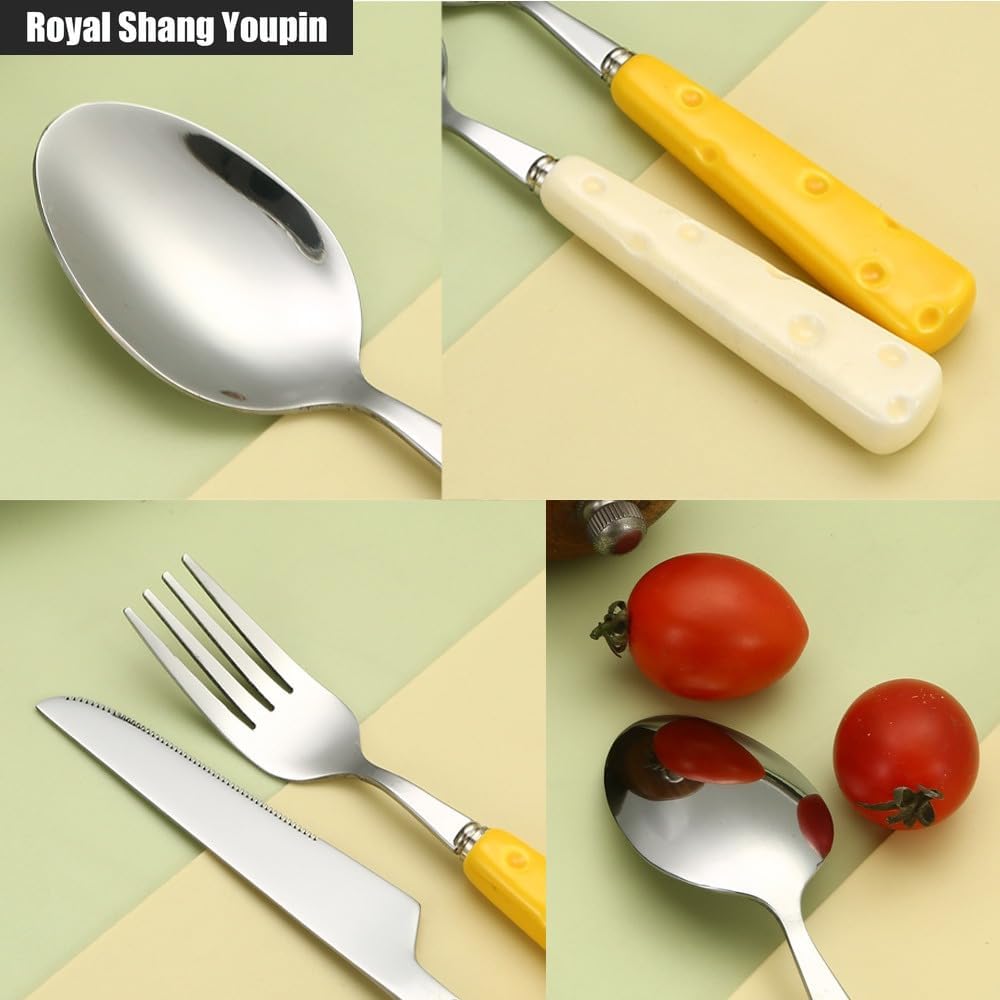 Light Luxury Cute Ceramic Cheese Handle Kitchen Stainless Steel Silverware Tableware Flatware Cutlery Set Steak Knife Fork Spoon Teaspoon (Yellow,4 pieces)