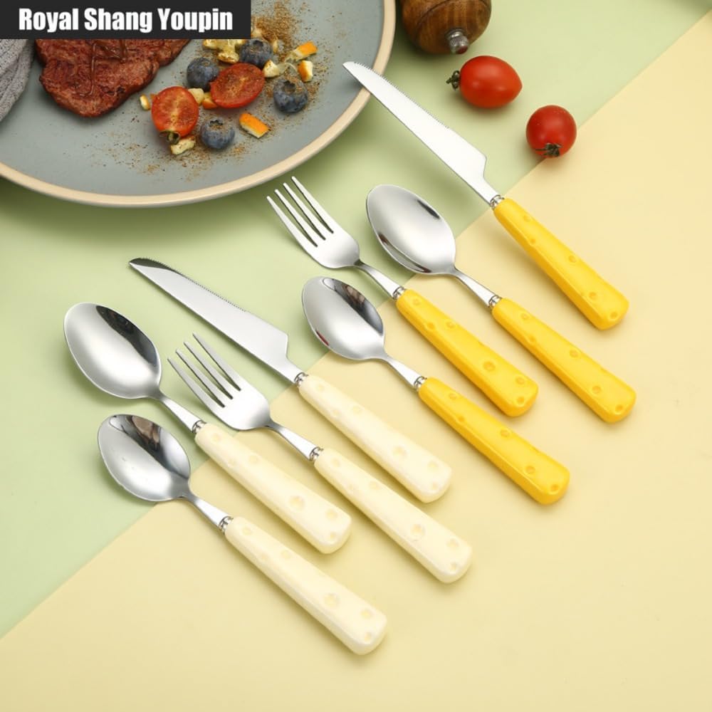 Light Luxury Cute Ceramic Cheese Handle Kitchen Stainless Steel Silverware Tableware Flatware Cutlery Set Steak Knife Fork Spoon Teaspoon (Yellow,4 pieces)
