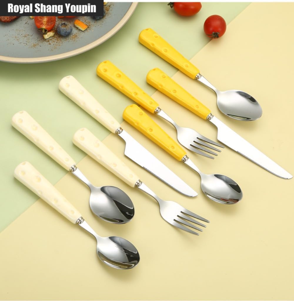 Light Luxury Cute Ceramic Cheese Handle Kitchen Stainless Steel Silverware Tableware Flatware Cutlery Set Steak Knife Fork Spoon Teaspoon (Yellow,4 pieces)