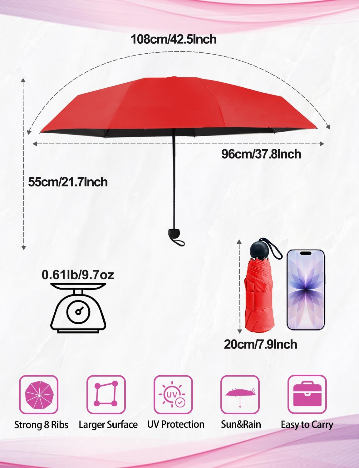 Mini Travel Umbrella Compact Small Size, UV Protection for Sun & Rain, Lightweight Folding, Wind Resistant, Small Backpack Purse Size for Women Kids