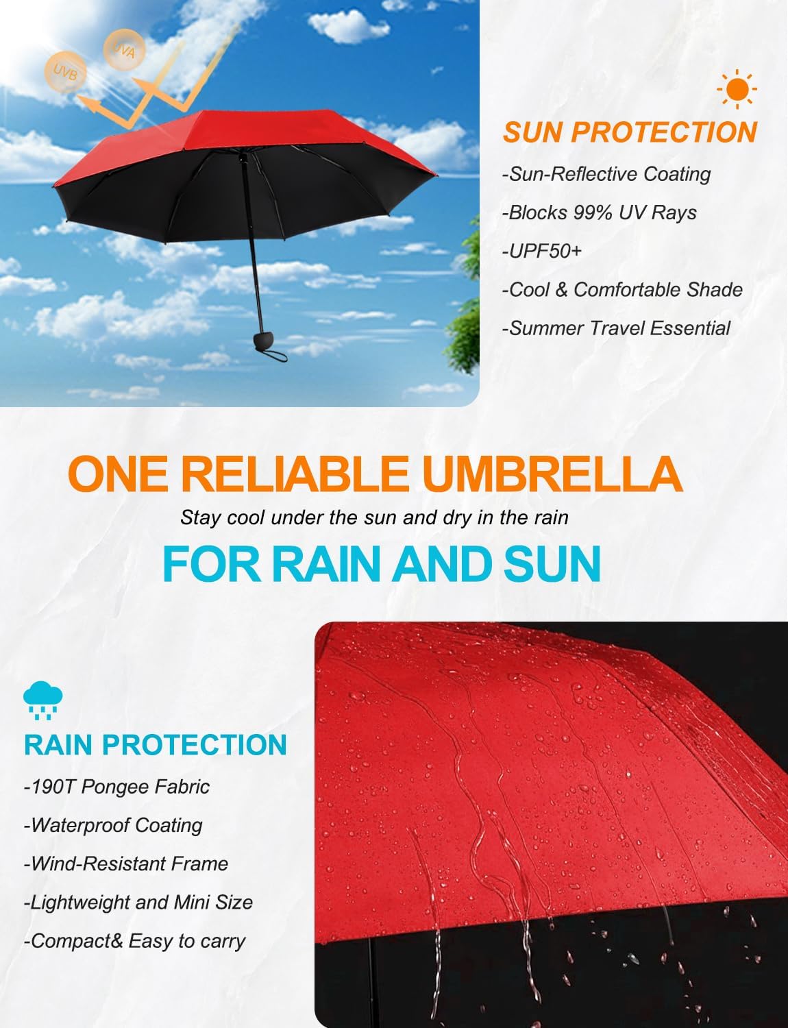 Mini Travel Umbrella Compact Small Size, UV Protection for Sun & Rain, Lightweight Folding, Wind Resistant, Small Backpack Purse Size for Women Kids