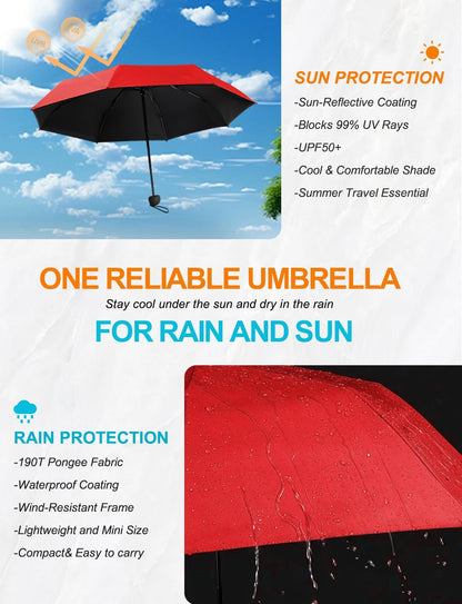 Mini Travel Umbrella Compact Small Size, UV Protection for Sun & Rain, Lightweight Folding, Wind Resistant, Small Backpack Purse Size for Women Kids