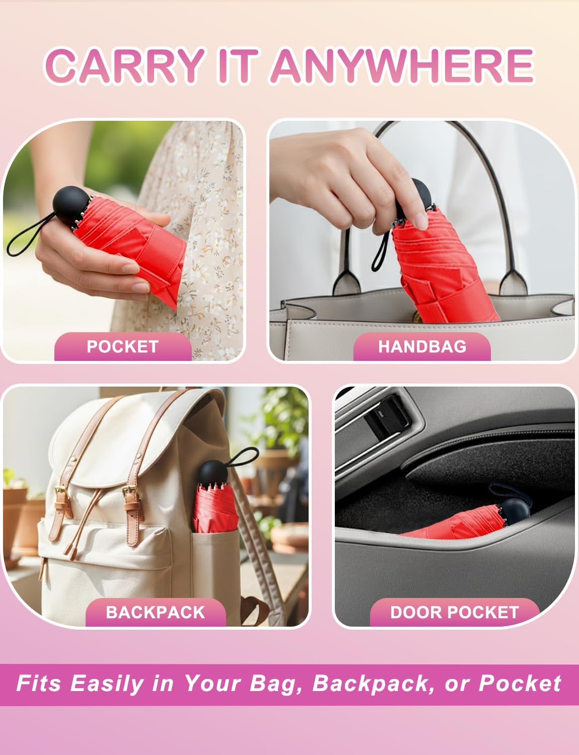 Mini Travel Umbrella Compact Small Size, UV Protection for Sun & Rain, Lightweight Folding, Wind Resistant, Small Backpack Purse Size for Women Kids