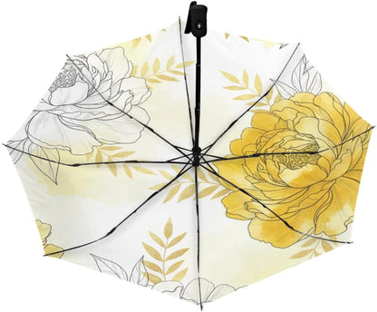 Windproof Compact Umbrellas for Rain - Yellow Gold Floral Portable Lightweight Automatic Reverse Folding Umbrellas - Auto Open Close Small Cute Umbrella for Commute, Car, Backpack, Purse