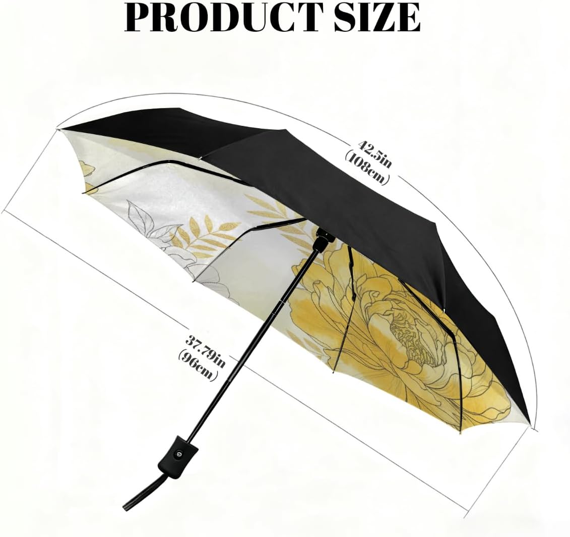 Windproof Compact Umbrellas for Rain - Yellow Gold Floral Portable Lightweight Automatic Reverse Folding Umbrellas - Auto Open Close Small Cute Umbrella for Commute, Car, Backpack, Purse