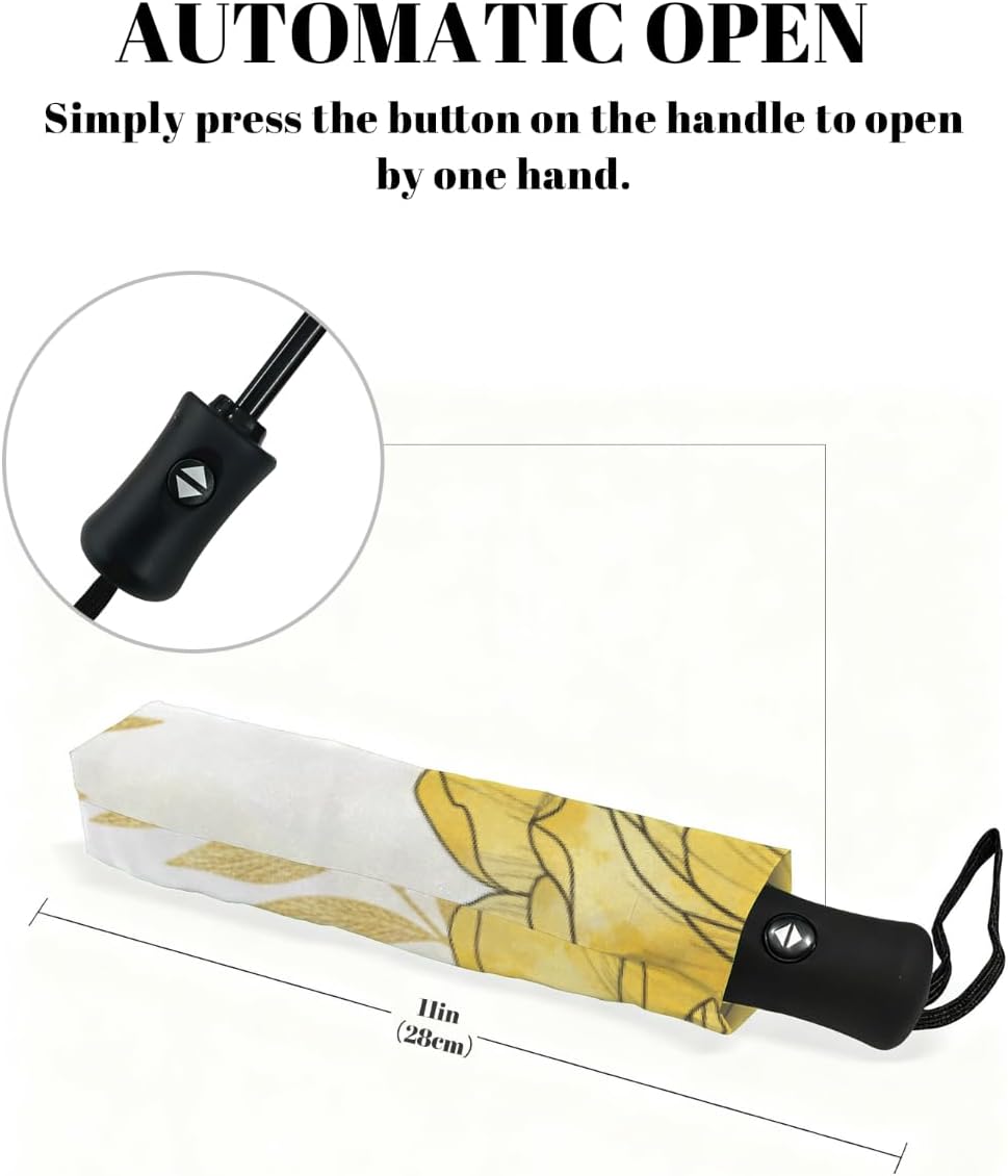 Windproof Compact Umbrellas for Rain - Yellow Gold Floral Portable Lightweight Automatic Reverse Folding Umbrellas - Auto Open Close Small Cute Umbrella for Commute, Car, Backpack, Purse