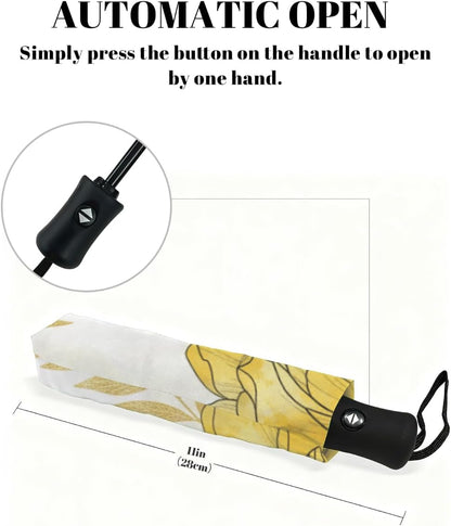 Windproof Compact Umbrellas for Rain - Yellow Gold Floral Portable Lightweight Automatic Reverse Folding Umbrellas - Auto Open Close Small Cute Umbrella for Commute, Car, Backpack, Purse