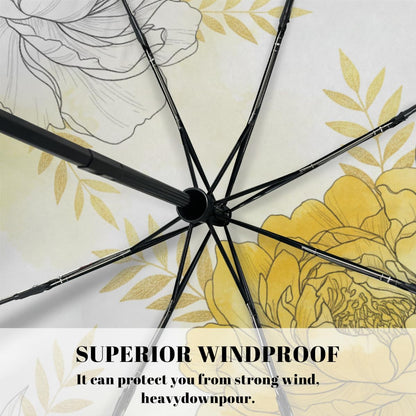 Windproof Compact Umbrellas for Rain - Yellow Gold Floral Portable Lightweight Automatic Reverse Folding Umbrellas - Auto Open Close Small Cute Umbrella for Commute, Car, Backpack, Purse