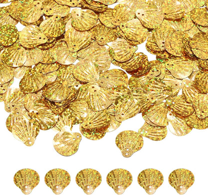 50 Gram Loose Sequins 13mm Seashell Sequins and Spangles with 2 Holes for Earrings Clothing Embroidery Sewing DIY Art Crafts Supplies, Laser Golden Yellow