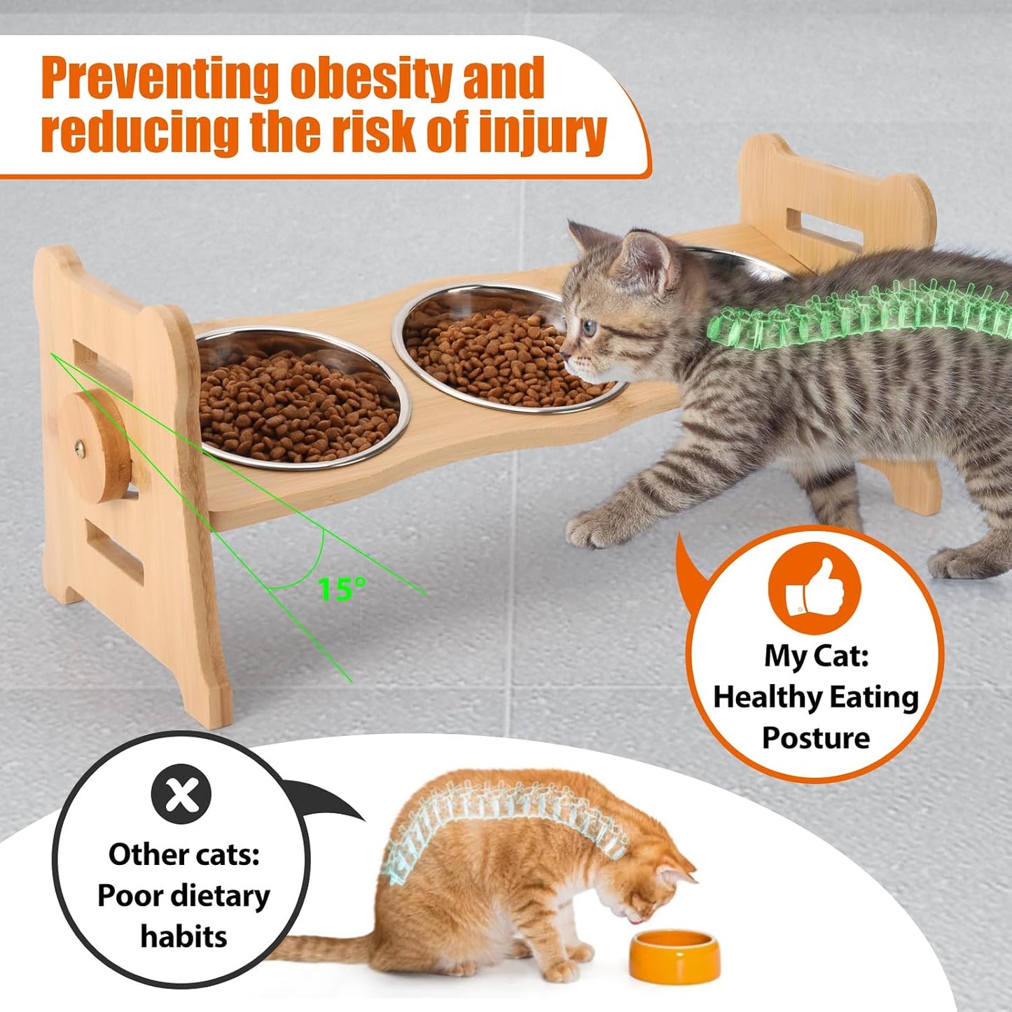 Elevated Cat Bowls15° Tilted Stainless Steel Elevated with Bamboo Stand - 3 Pots Raised Cat Bowls for Indoor Cats and Small for Indoor Cats with Anti-Overflow Design (Yellow)