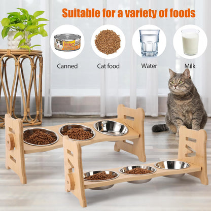 Elevated Cat Bowls15° Tilted Stainless Steel Elevated with Bamboo Stand - 3 Pots Raised Cat Bowls for Indoor Cats and Small for Indoor Cats with Anti-Overflow Design (Yellow)