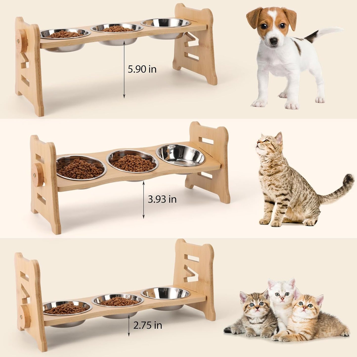 Elevated Cat Bowls15° Tilted Stainless Steel Elevated with Bamboo Stand - 3 Pots Raised Cat Bowls for Indoor Cats and Small for Indoor Cats with Anti-Overflow Design (Yellow)