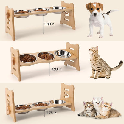 Elevated Cat Bowls15° Tilted Stainless Steel Elevated with Bamboo Stand - 3 Pots Raised Cat Bowls for Indoor Cats and Small for Indoor Cats with Anti-Overflow Design (Yellow)