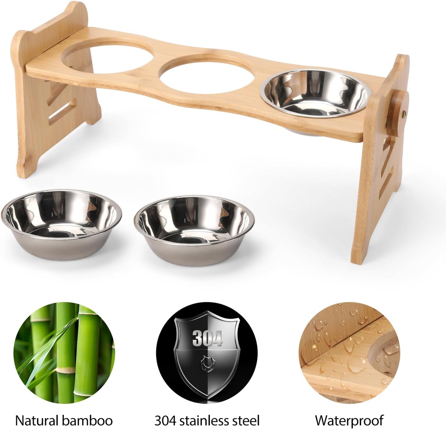 Elevated Cat Bowls15° Tilted Stainless Steel Elevated with Bamboo Stand - 3 Pots Raised Cat Bowls for Indoor Cats and Small for Indoor Cats with Anti-Overflow Design (Yellow)