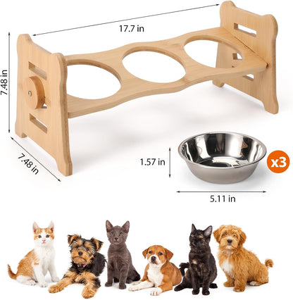 Elevated Cat Bowls15° Tilted Stainless Steel Elevated with Bamboo Stand - 3 Pots Raised Cat Bowls for Indoor Cats and Small for Indoor Cats with Anti-Overflow Design (Yellow)