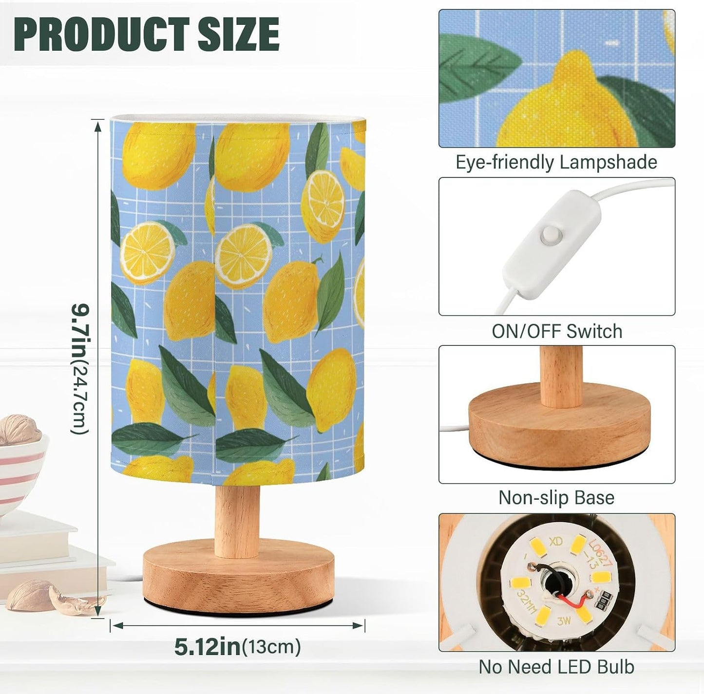 Bedside Table Lamp Lemon Yellow Citrus Fruits (74) Kids Nightstand Lamp Night Light Fabric Shade for Bedroom Living Room Home Office