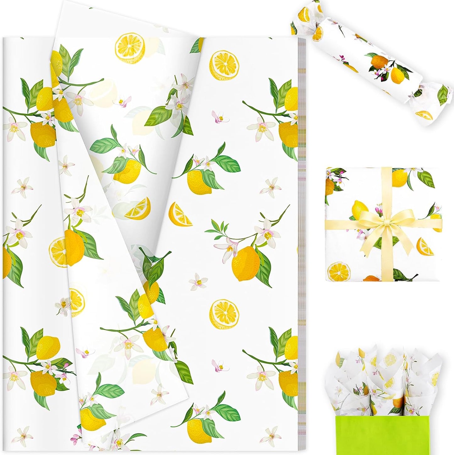 60 Sheets Yellow Lemon Print Tissue Paper, Yellow Floral Patterns Gift Wrapping Paper for Summer Lemon DIY Crafts Fruit-Themed Party Supplies, 14×20"