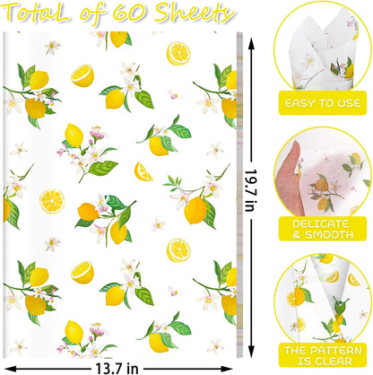 60 Sheets Yellow Lemon Print Tissue Paper, Yellow Floral Patterns Gift Wrapping Paper for Summer Lemon DIY Crafts Fruit-Themed Party Supplies, 14×20"