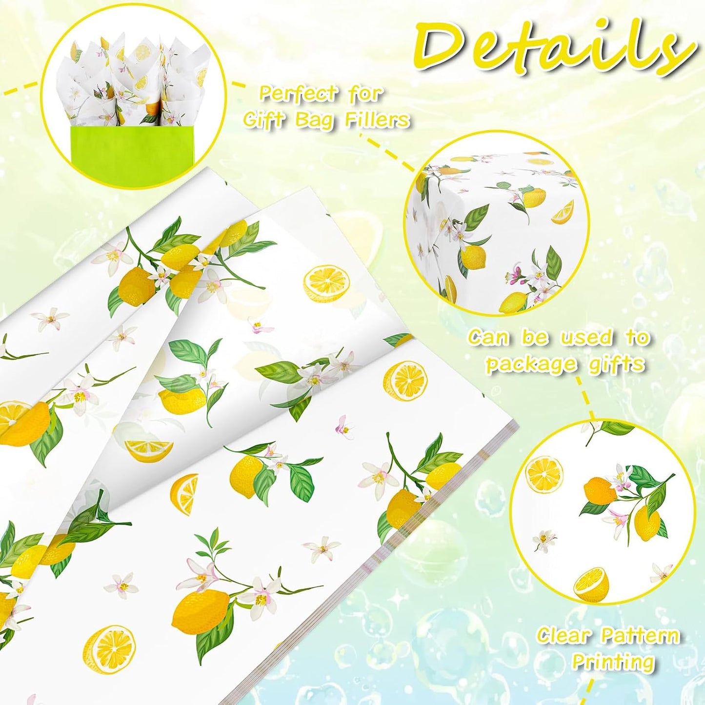 60 Sheets Yellow Lemon Print Tissue Paper, Yellow Floral Patterns Gift Wrapping Paper for Summer Lemon DIY Crafts Fruit-Themed Party Supplies, 14×20"
