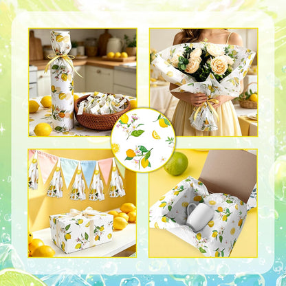 60 Sheets Yellow Lemon Print Tissue Paper, Yellow Floral Patterns Gift Wrapping Paper for Summer Lemon DIY Crafts Fruit-Themed Party Supplies, 14×20"