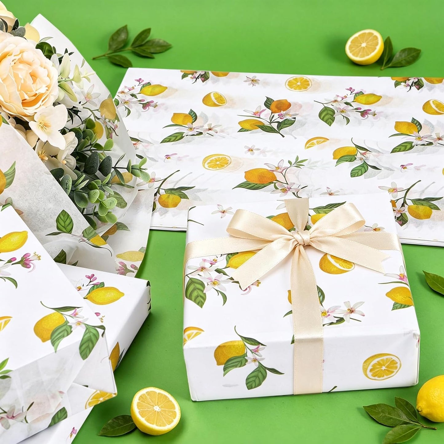 60 Sheets Yellow Lemon Print Tissue Paper, Yellow Floral Patterns Gift Wrapping Paper for Summer Lemon DIY Crafts Fruit-Themed Party Supplies, 14×20"