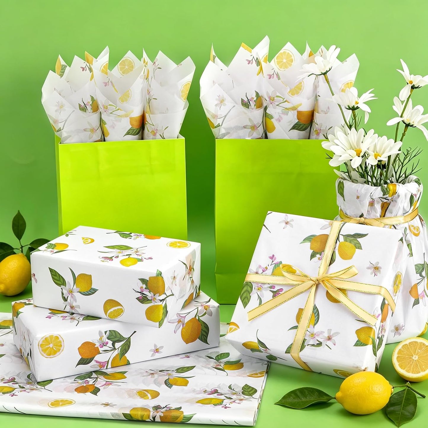 60 Sheets Yellow Lemon Print Tissue Paper, Yellow Floral Patterns Gift Wrapping Paper for Summer Lemon DIY Crafts Fruit-Themed Party Supplies, 14×20"