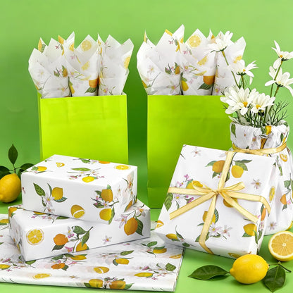 60 Sheets Yellow Lemon Print Tissue Paper, Yellow Floral Patterns Gift Wrapping Paper for Summer Lemon DIY Crafts Fruit-Themed Party Supplies, 14×20"