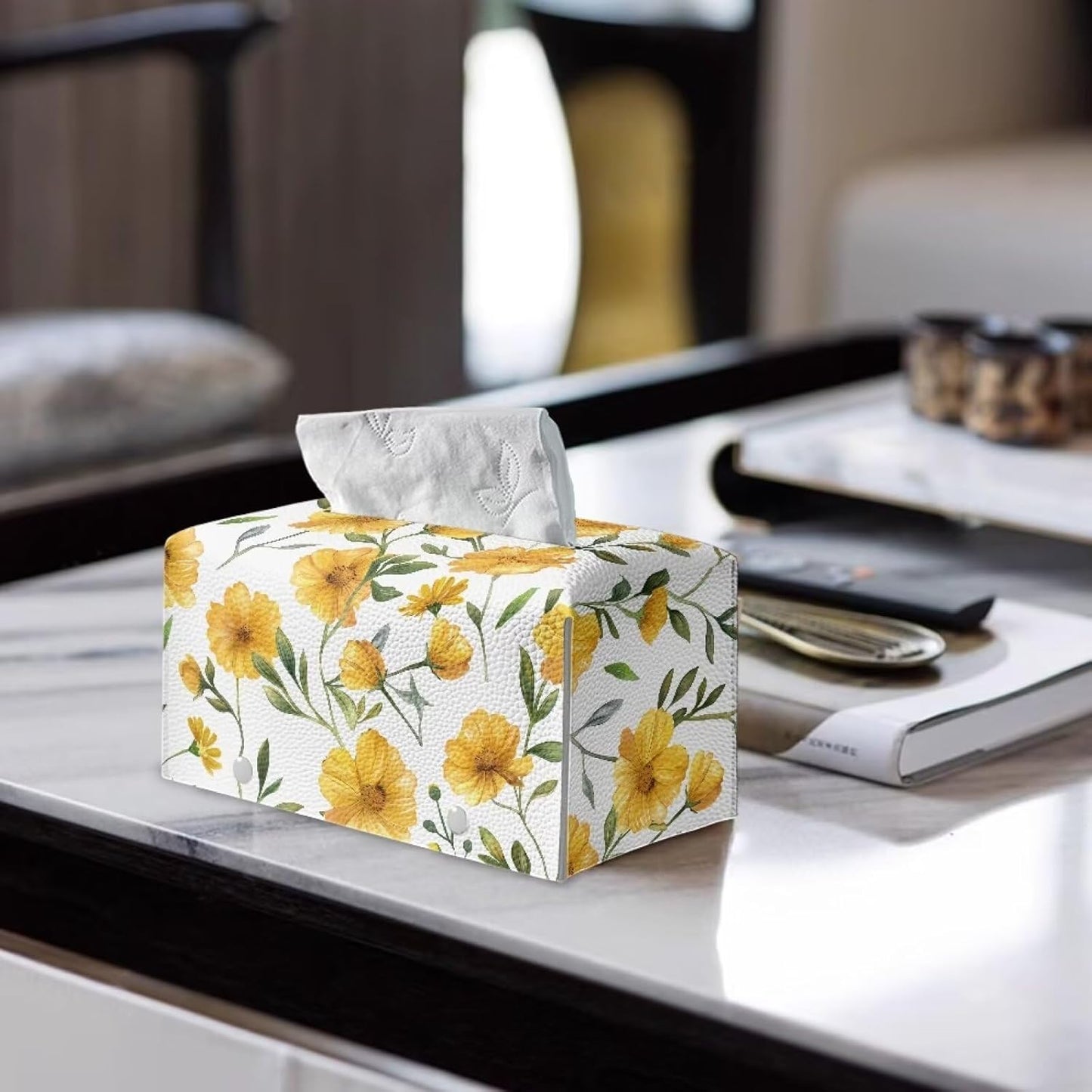 Yellow Rectangular Faux Leather Tissue Box Cover with Bottom Belt Holder for Bathroom Home Decor