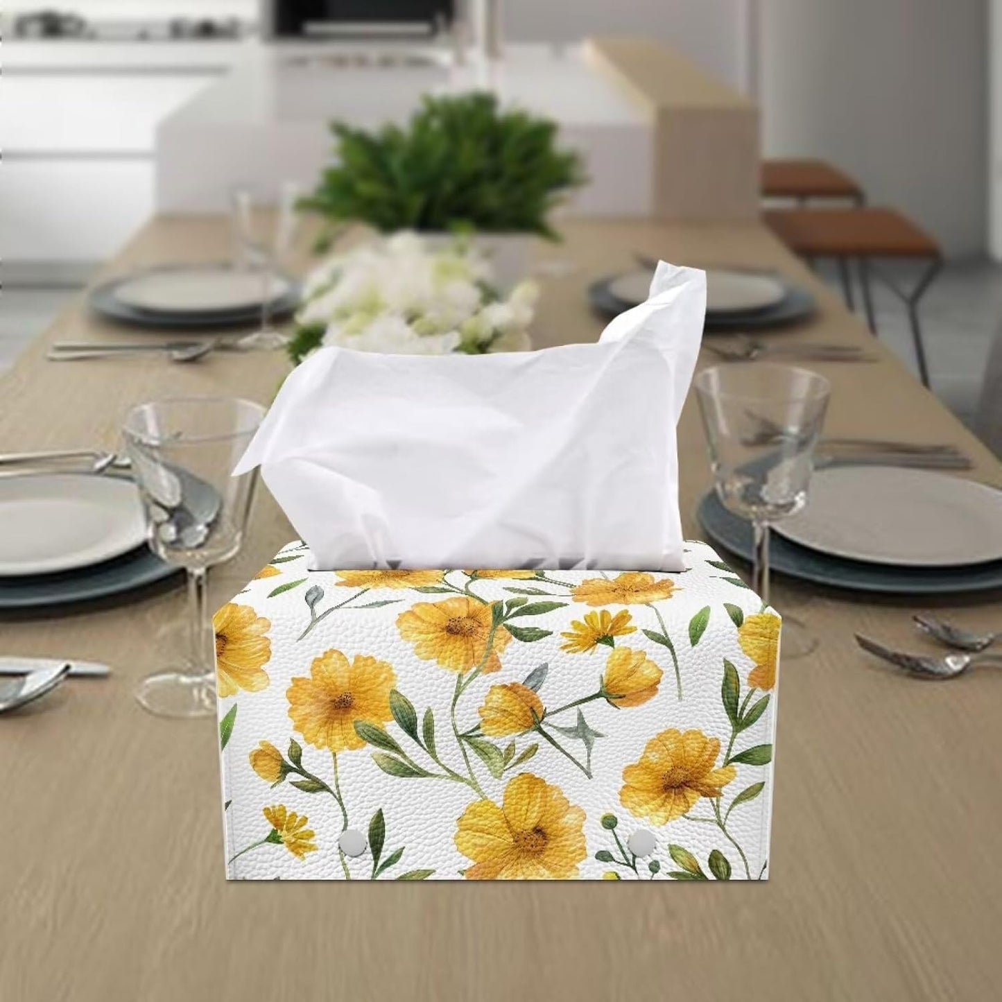 Yellow Rectangular Faux Leather Tissue Box Cover with Bottom Belt Holder for Bathroom Home Decor