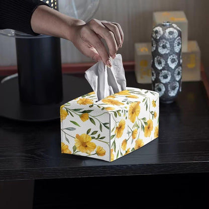 Yellow Rectangular Faux Leather Tissue Box Cover with Bottom Belt Holder for Bathroom Home Decor