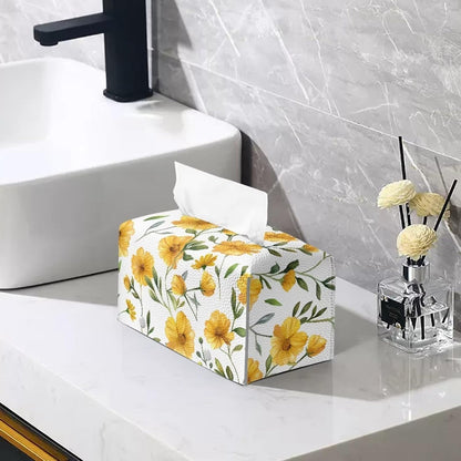 Yellow Rectangular Faux Leather Tissue Box Cover with Bottom Belt Holder for Bathroom Home Decor