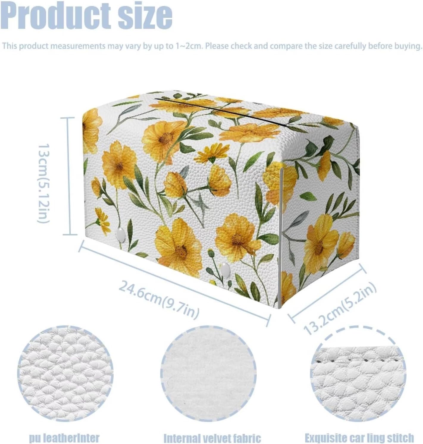 Yellow Rectangular Faux Leather Tissue Box Cover with Bottom Belt Holder for Bathroom Home Decor