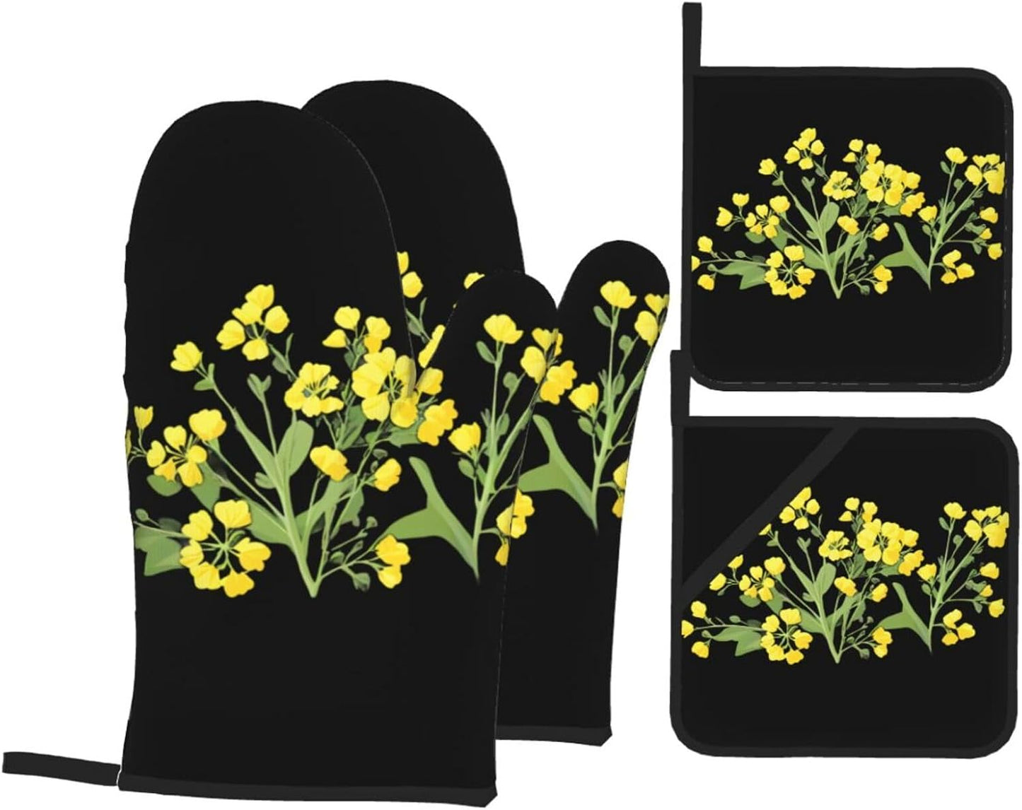 Light Yellow Rapeseed Flowers Prints Oven Mitts & Pot Holders Set - Waterproof Kitchen Throw & Heat Resistant Layers - Durable Covers for Cooking, Baking & BBQ