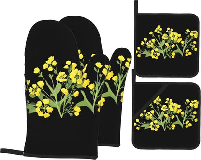 Light Yellow Rapeseed Flowers Prints Oven Mitts & Pot Holders Set - Waterproof Kitchen Throw & Heat Resistant Layers - Durable Covers for Cooking, Baking & BBQ