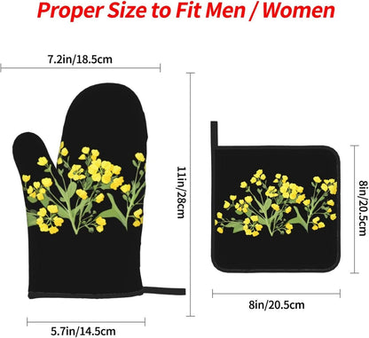 Light Yellow Rapeseed Flowers Prints Oven Mitts & Pot Holders Set - Waterproof Kitchen Throw & Heat Resistant Layers - Durable Covers for Cooking, Baking & BBQ