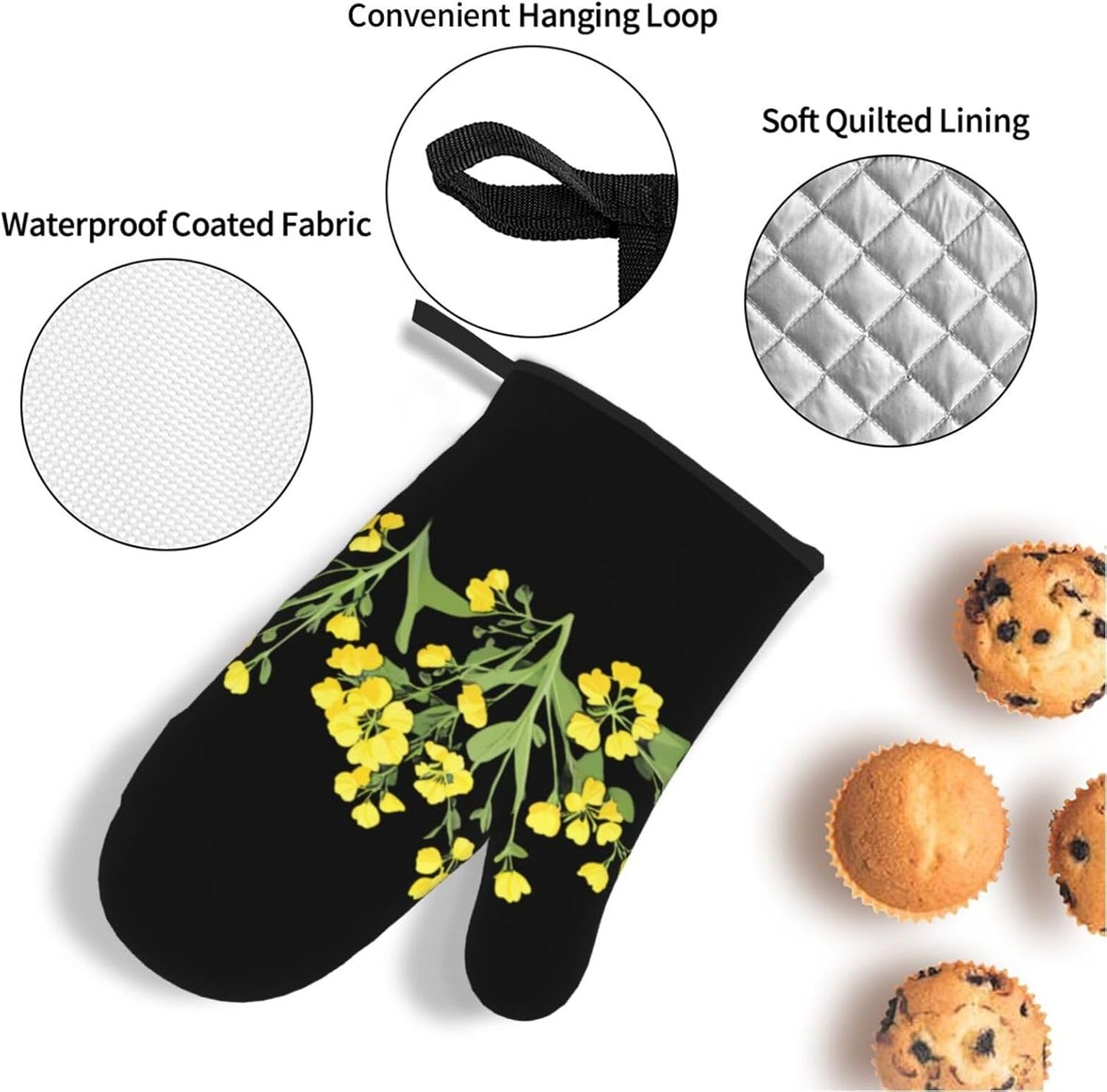 Light Yellow Rapeseed Flowers Prints Oven Mitts & Pot Holders Set - Waterproof Kitchen Throw & Heat Resistant Layers - Durable Covers for Cooking, Baking & BBQ