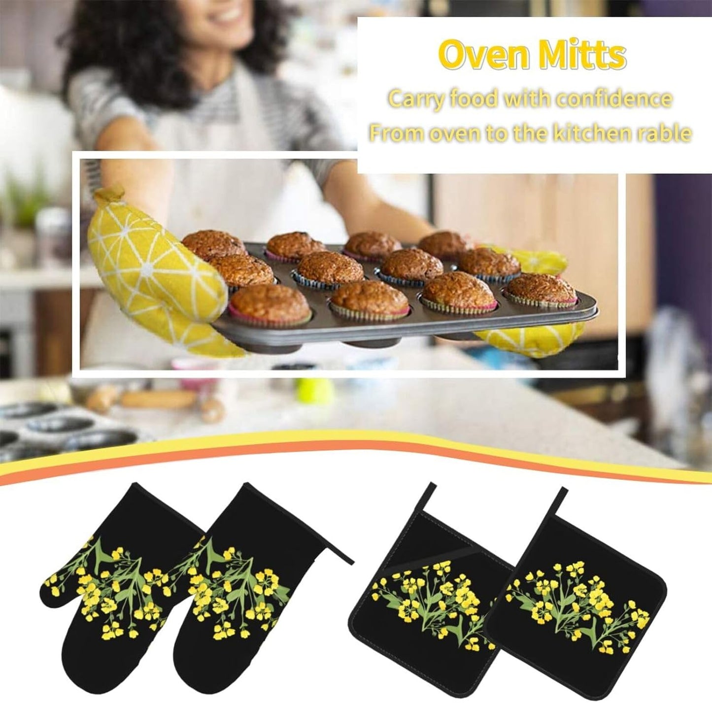 Light Yellow Rapeseed Flowers Prints Oven Mitts & Pot Holders Set - Waterproof Kitchen Throw & Heat Resistant Layers - Durable Covers for Cooking, Baking & BBQ