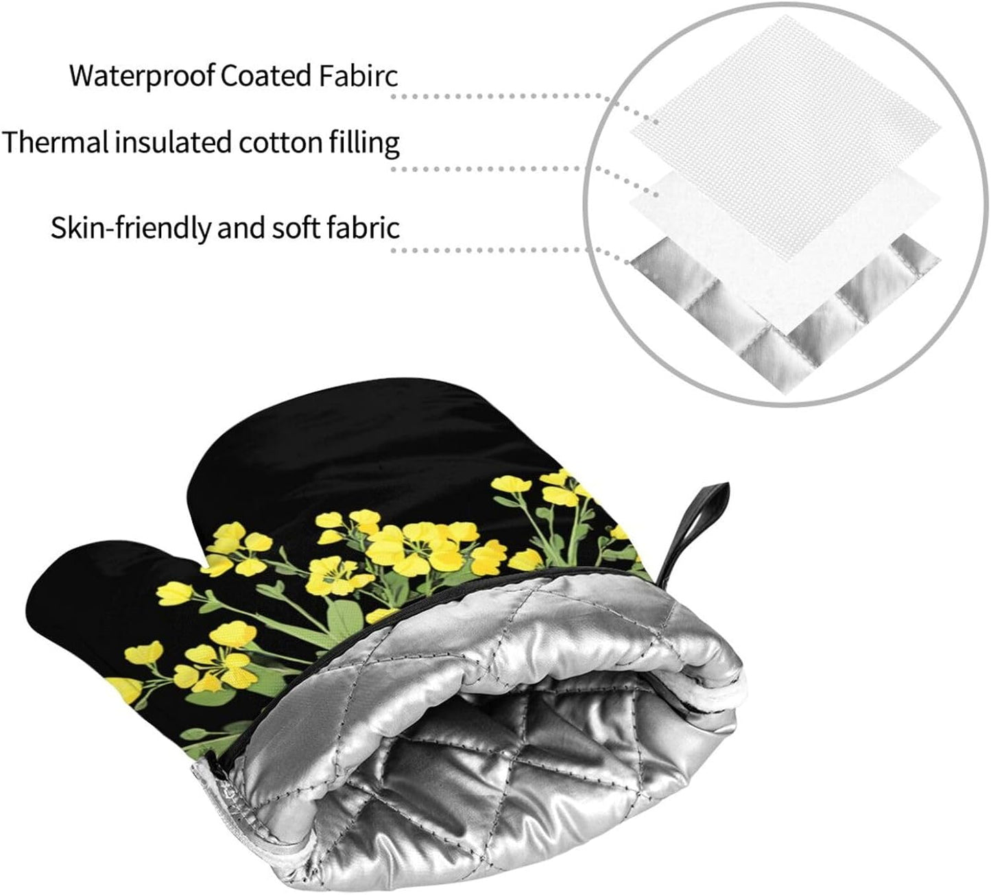 Light Yellow Rapeseed Flowers Prints Oven Mitts & Pot Holders Set - Waterproof Kitchen Throw & Heat Resistant Layers - Durable Covers for Cooking, Baking & BBQ