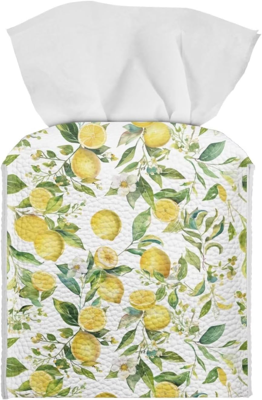 Lemon Yellow Tissue Box Cover Holder Square Cube Cover PU Leather Tissue Organizer with Bottom Belt for Bathroom, Tabletop, Car, Night Stands, Office, Home, Kitchen