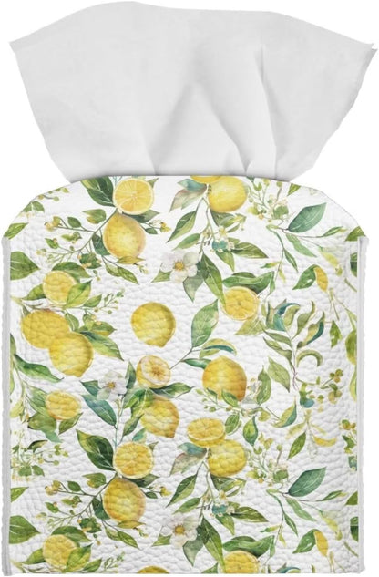 Lemon Yellow Tissue Box Cover Holder Square Cube Cover PU Leather Tissue Organizer with Bottom Belt for Bathroom, Tabletop, Car, Night Stands, Office, Home, Kitchen