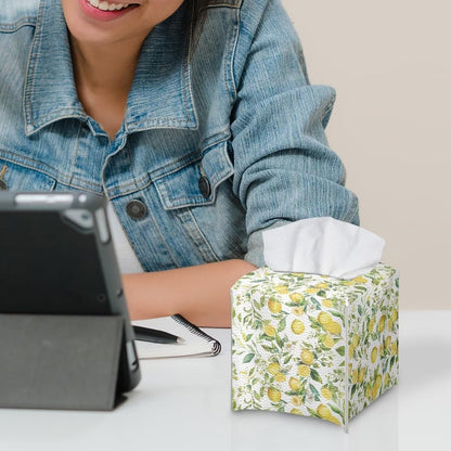 Lemon Yellow Tissue Box Cover Holder Square Cube Cover PU Leather Tissue Organizer with Bottom Belt for Bathroom, Tabletop, Car, Night Stands, Office, Home, Kitchen