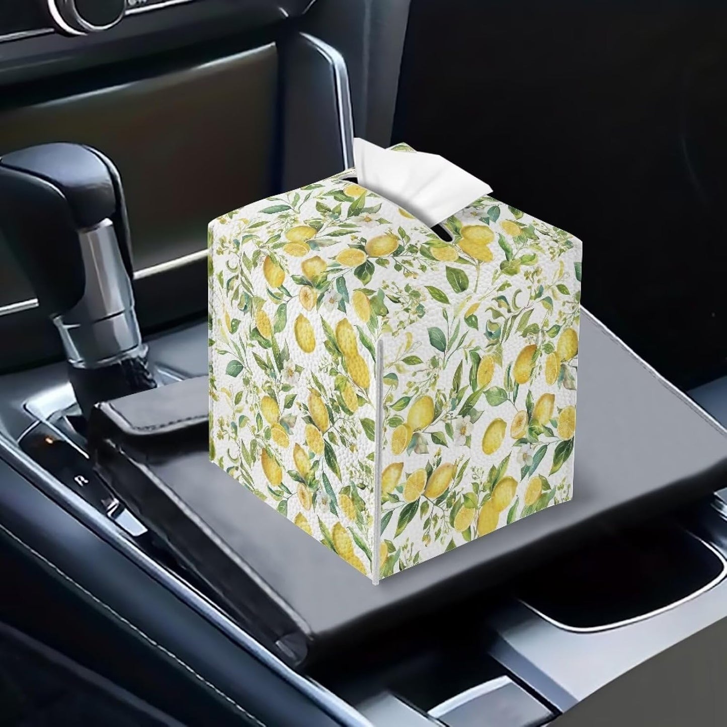 Lemon Yellow Tissue Box Cover Holder Square Cube Cover PU Leather Tissue Organizer with Bottom Belt for Bathroom, Tabletop, Car, Night Stands, Office, Home, Kitchen