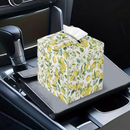 Lemon Yellow Tissue Box Cover Holder Square Cube Cover PU Leather Tissue Organizer with Bottom Belt for Bathroom, Tabletop, Car, Night Stands, Office, Home, Kitchen