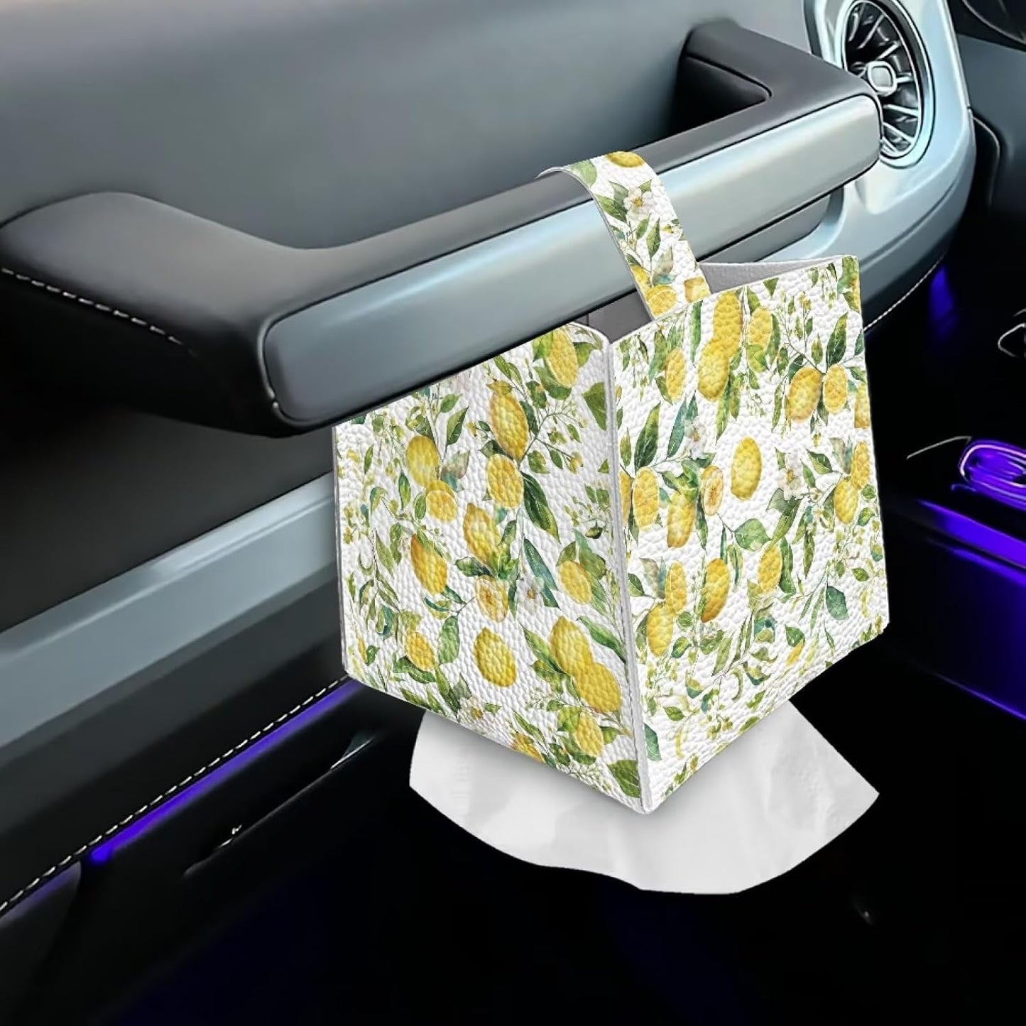Lemon Yellow Tissue Box Cover Holder Square Cube Cover PU Leather Tissue Organizer with Bottom Belt for Bathroom, Tabletop, Car, Night Stands, Office, Home, Kitchen