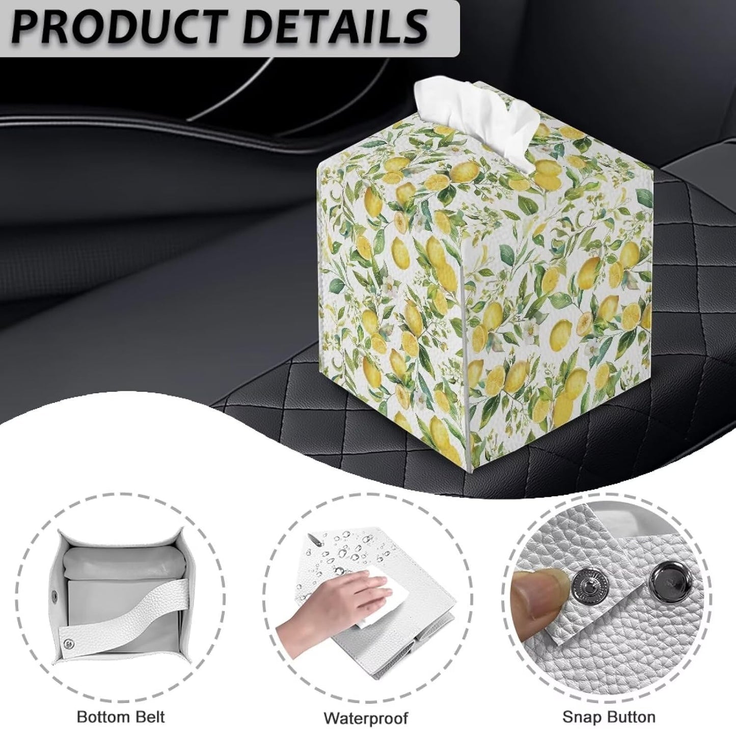 Lemon Yellow Tissue Box Cover Holder Square Cube Cover PU Leather Tissue Organizer with Bottom Belt for Bathroom, Tabletop, Car, Night Stands, Office, Home, Kitchen