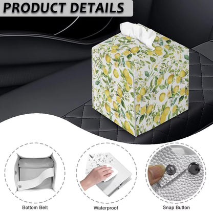 Lemon Yellow Tissue Box Cover Holder Square Cube Cover PU Leather Tissue Organizer with Bottom Belt for Bathroom, Tabletop, Car, Night Stands, Office, Home, Kitchen