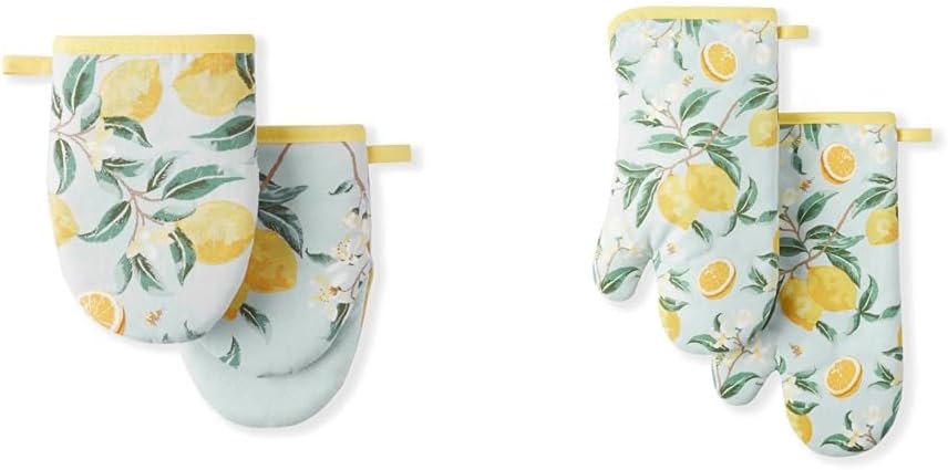 Lemon Whimsy Mini Oven Mitt 2-Pack Set, 5.5"X8" & Oven Mitt 2-Pack Set, 7"x13", Yellow