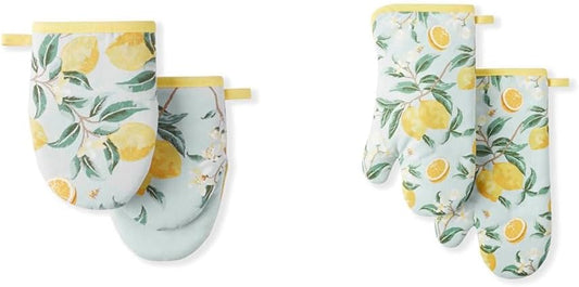 Lemon Whimsy Mini Oven Mitt 2-Pack Set, 5.5"X8" & Oven Mitt 2-Pack Set, 7"x13", Yellow